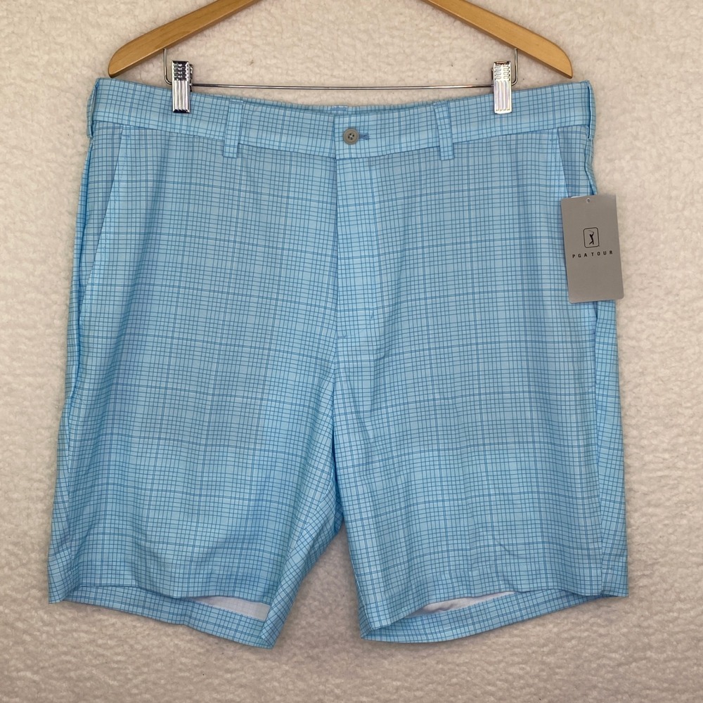 PGA Tour Mens Golf Shorts Blue Grid Active Gripper Waistband Size 38 NWT